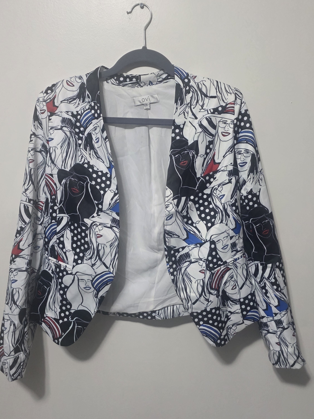Printed Women's Blazer Jacket in White with Black & Blue Accents